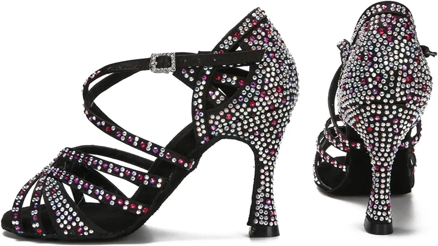 Women's Soft Sole Latin Dance Shoes - Satin Rhinestone Samba Rumba Sandals, 10CM/3.9Inch Heel Height