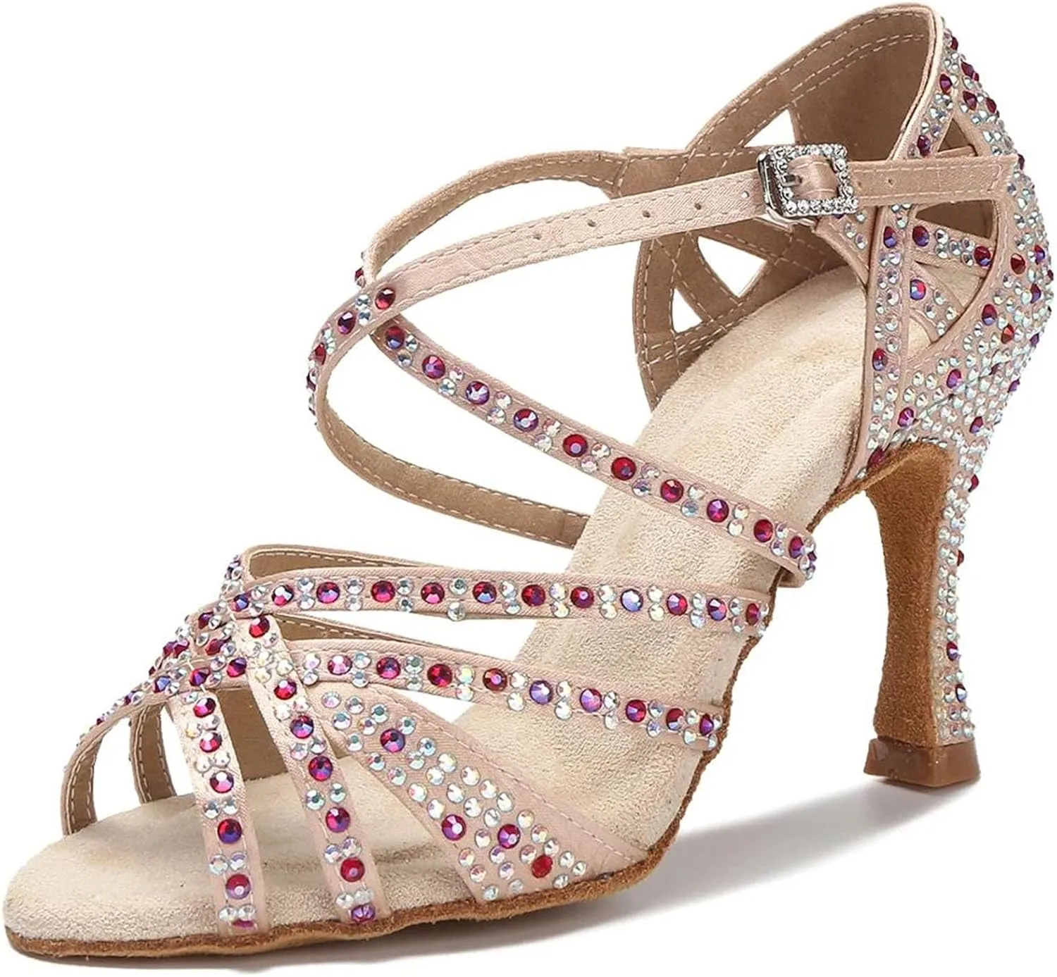 Women's Soft Sole Latin Dance Shoes - Satin Rhinestone Samba Rumba Sandals, 10CM/3.9Inch Heel Height