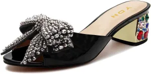 YDN Women Dressy Rhinestone Bows Mules Round Open Toe Sandals Slip on Slippers Block Low Heels Shoes Shopping Daily Size 4-15 US