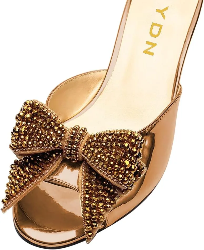 YDN Women Dressy Rhinestone Bows Mules Round Open Toe Sandals Slip on Slippers Block Low Heels Shoes Shopping Daily Size 4-15 US