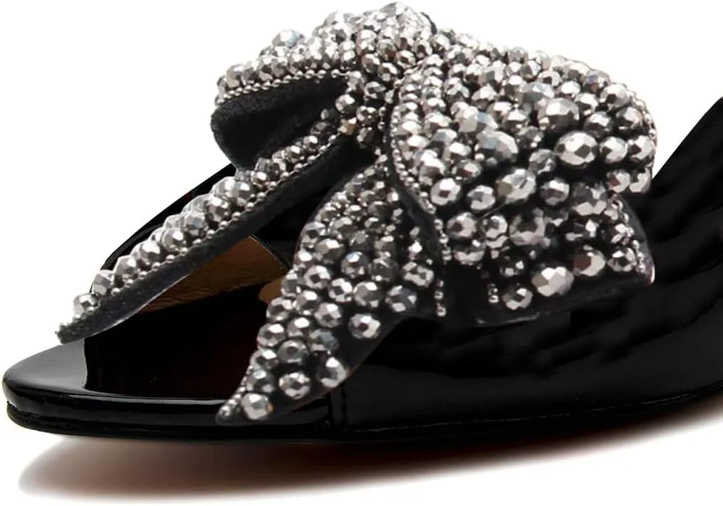 YDN Women Dressy Rhinestone Bows Mules Round Open Toe Sandals Slip on Slippers Block Low Heels Shoes Shopping Daily Size 4-15 US