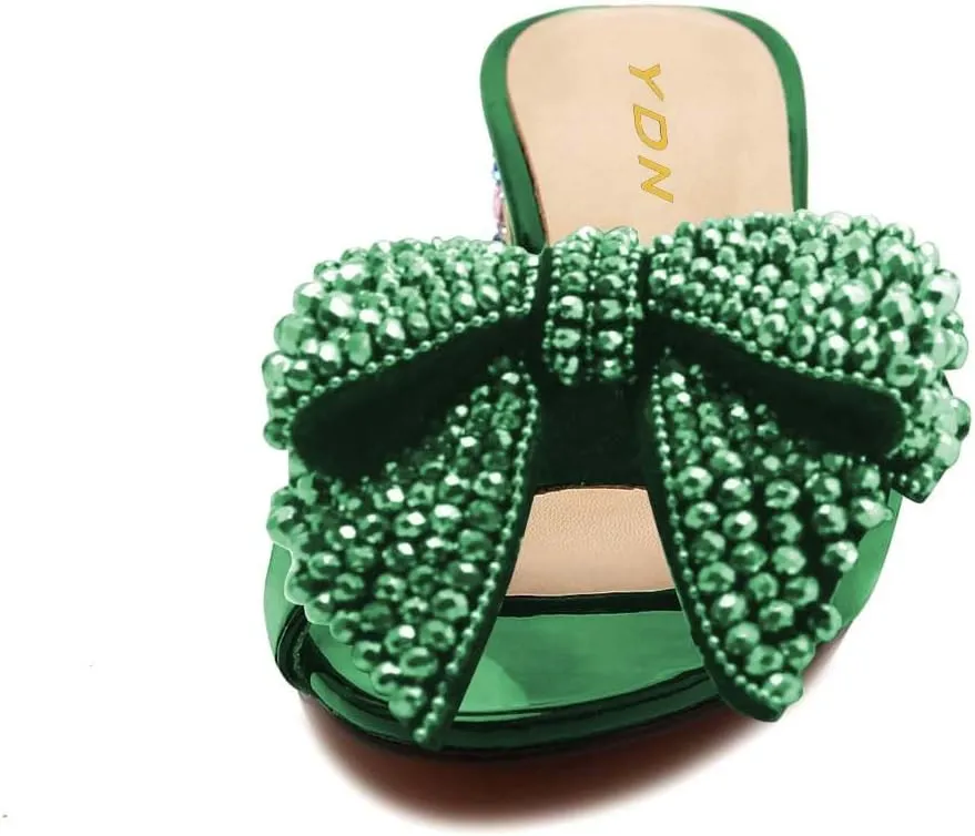 YDN Women Dressy Rhinestone Bows Mules Round Open Toe Sandals Slip on Slippers Block Low Heels Shoes Shopping Daily Size 4-15 US