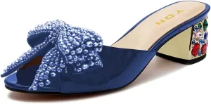 YDN Women Dressy Rhinestone Bows Mules Round Open Toe Sandals Slip on Slippers Block Low Heels Shoes Shopping Daily Size 4-15 US