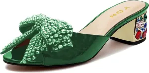 YDN Women Dressy Rhinestone Bows Mules Round Open Toe Sandals Slip on Slippers Block Low Heels Shoes Shopping Daily Size 4-15 US