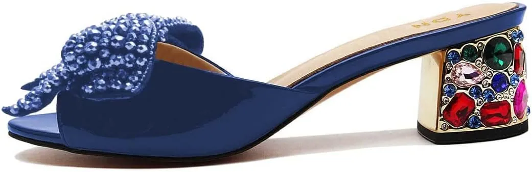 YDN Women Dressy Rhinestone Bows Mules Round Open Toe Sandals Slip on Slippers Block Low Heels Shoes Shopping Daily Size 4-15 US