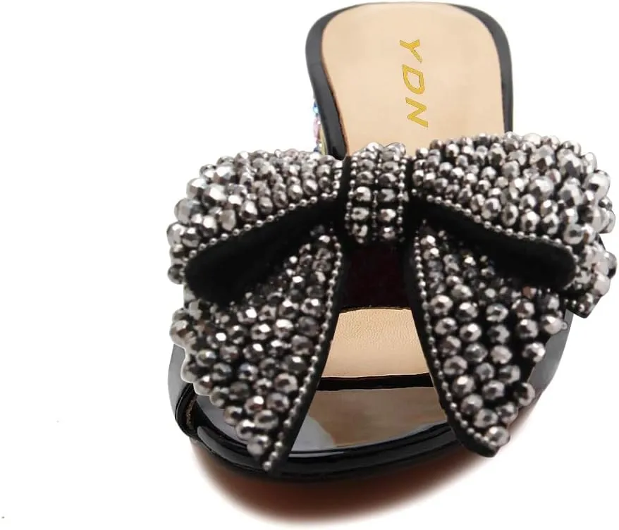 YDN Women Dressy Rhinestone Bows Mules Round Open Toe Sandals Slip on Slippers Block Low Heels Shoes Shopping Daily Size 4-15 US