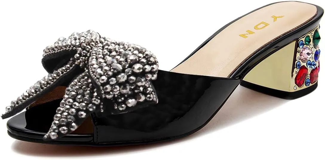 YDN Women Dressy Rhinestone Bows Mules Round Open Toe Sandals Slip on Slippers Block Low Heels Shoes Shopping Daily Size 4-15 US