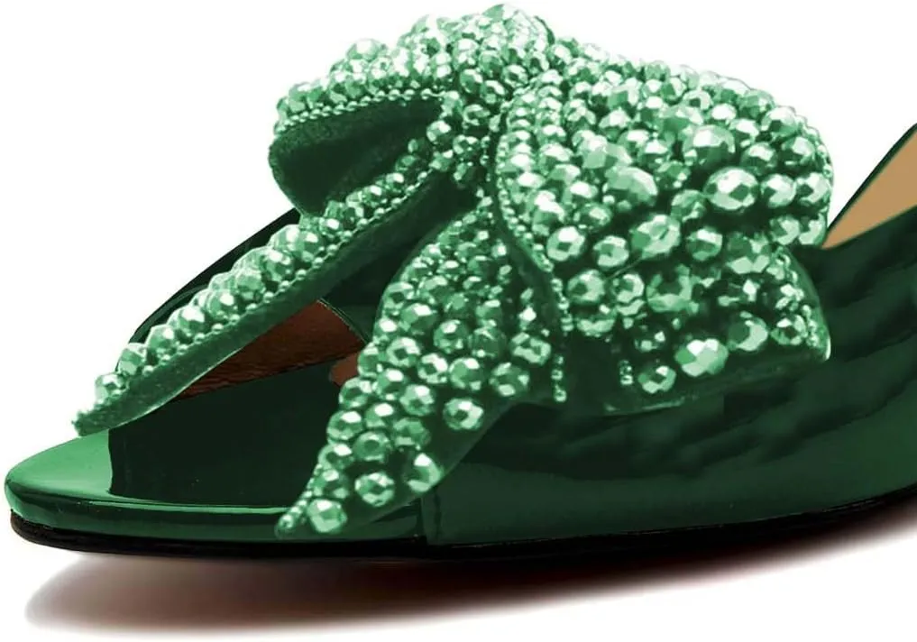 YDN Women Dressy Rhinestone Bows Mules Round Open Toe Sandals Slip on Slippers Block Low Heels Shoes Shopping Daily Size 4-15 US