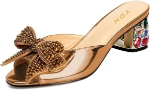 YDN Women Dressy Rhinestone Bows Mules Round Open Toe Sandals Slip on Slippers Block Low Heels Shoes Shopping Daily Size 4-15 US