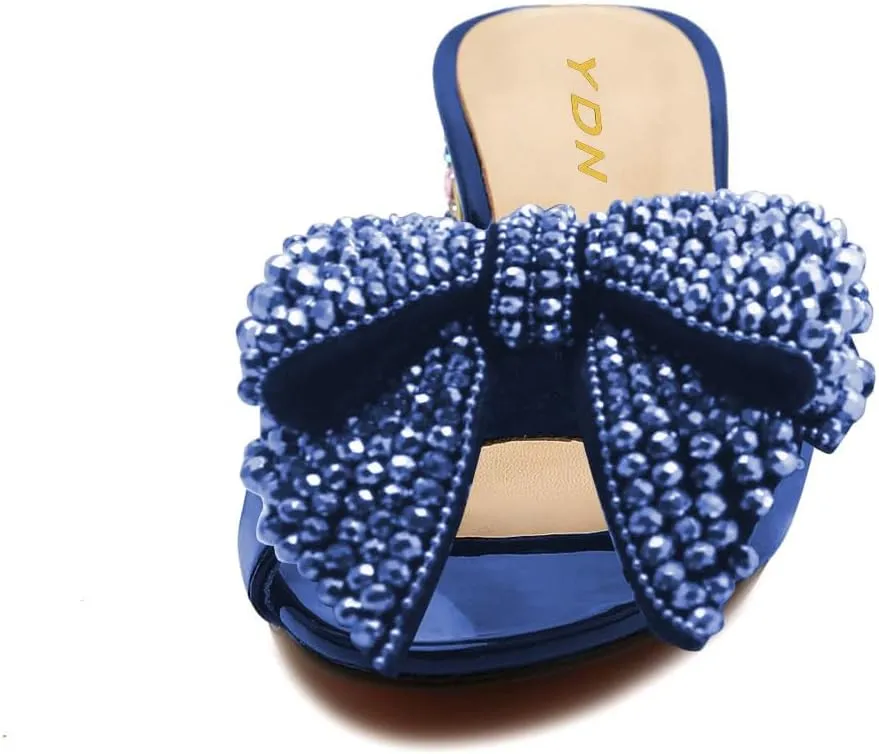 YDN Women Dressy Rhinestone Bows Mules Round Open Toe Sandals Slip on Slippers Block Low Heels Shoes Shopping Daily Size 4-15 US