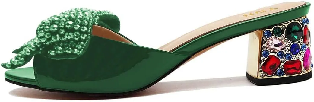YDN Women Dressy Rhinestone Bows Mules Round Open Toe Sandals Slip on Slippers Block Low Heels Shoes Shopping Daily Size 4-15 US