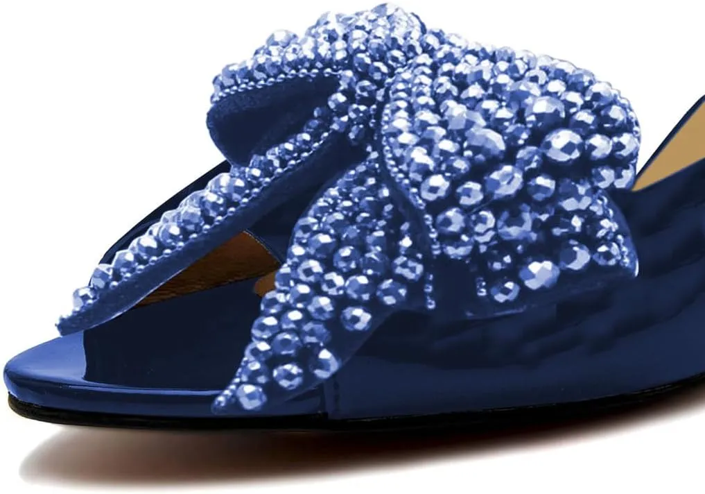 YDN Women Dressy Rhinestone Bows Mules Round Open Toe Sandals Slip on Slippers Block Low Heels Shoes Shopping Daily Size 4-15 US