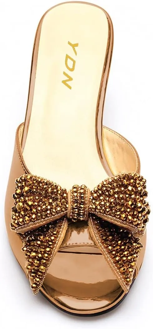 YDN Women Dressy Rhinestone Bows Mules Round Open Toe Sandals Slip on Slippers Block Low Heels Shoes Shopping Daily Size 4-15 US