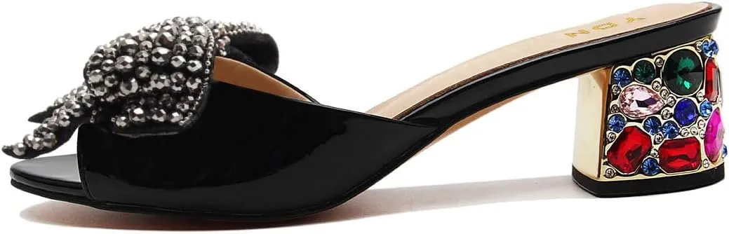 YDN Women Dressy Rhinestone Bows Mules Round Open Toe Sandals Slip on Slippers Block Low Heels Shoes Shopping Daily Size 4-15 US