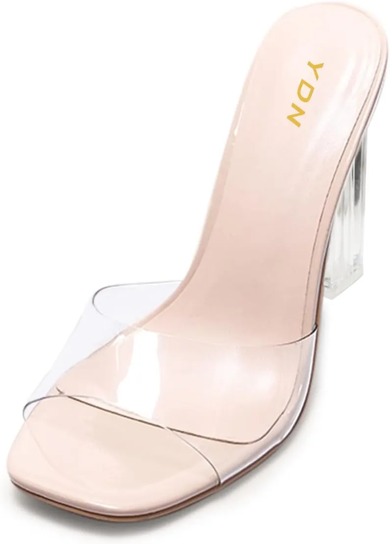 YDN Womens Open Square Toe Clear High Heel Slide Sandals Transparent PVC Slip On Slippers Mules Prom Party Casual Shoes Size 4-16 US