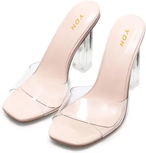YDN Womens Open Square Toe Clear High Heel Slide Sandals Transparent PVC Slip On Slippers Mules Prom Party Casual Shoes Size 4-16 US