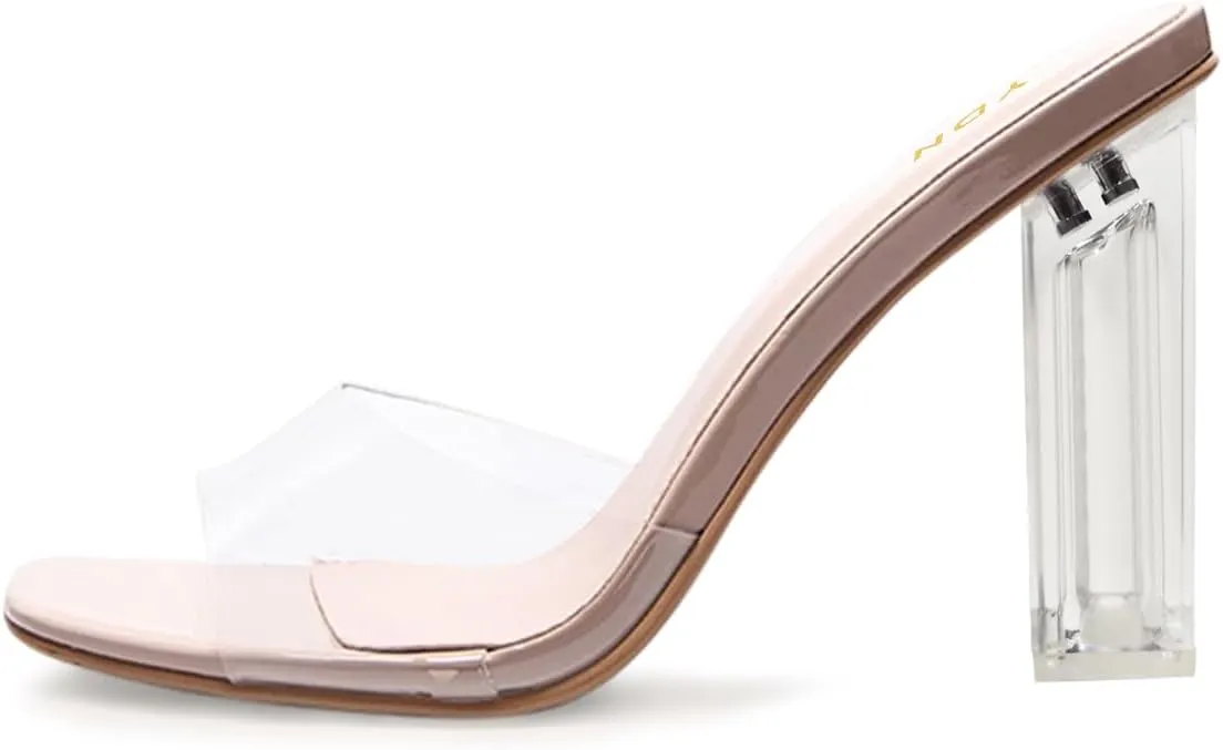 YDN Womens Open Square Toe Clear High Heel Slide Sandals Transparent PVC Slip On Slippers Mules Prom Party Casual Shoes Size 4-16 US