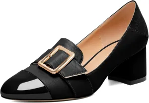 Zamikoo Block Heels for Women, Round Cap Toe Slip On Low Heel Pumps with Buckle Strap, Chunky Low Heels Loafers Pumps Dress Shoes for Wedding Party Office 2 Inches