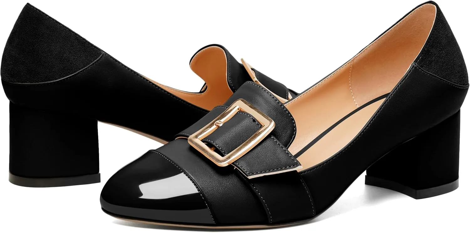 Zamikoo Block Heels for Women, Round Cap Toe Slip On Low Heel Pumps with Buckle Strap, Chunky Low Heels Loafers Pumps Dress Shoes for Wedding Party Office 2 Inches