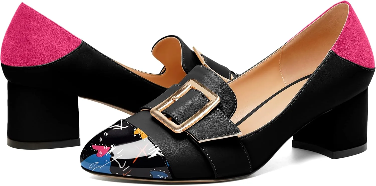 Zamikoo Block Heels for Women, Round Cap Toe Slip On Low Heel Pumps with Buckle Strap, Chunky Low Heels Loafers Pumps Dress Shoes for Wedding Party Office 2 Inches