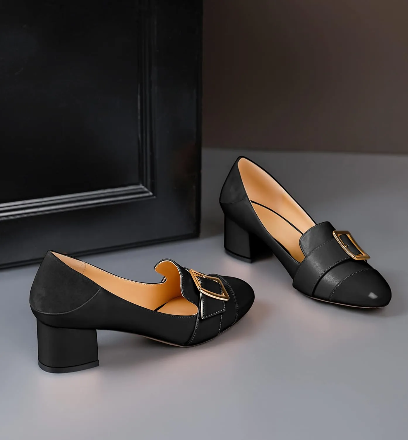 Zamikoo Block Heels for Women, Round Cap Toe Slip On Low Heel Pumps with Buckle Strap, Chunky Low Heels Loafers Pumps Dress Shoes for Wedding Party Office 2 Inches