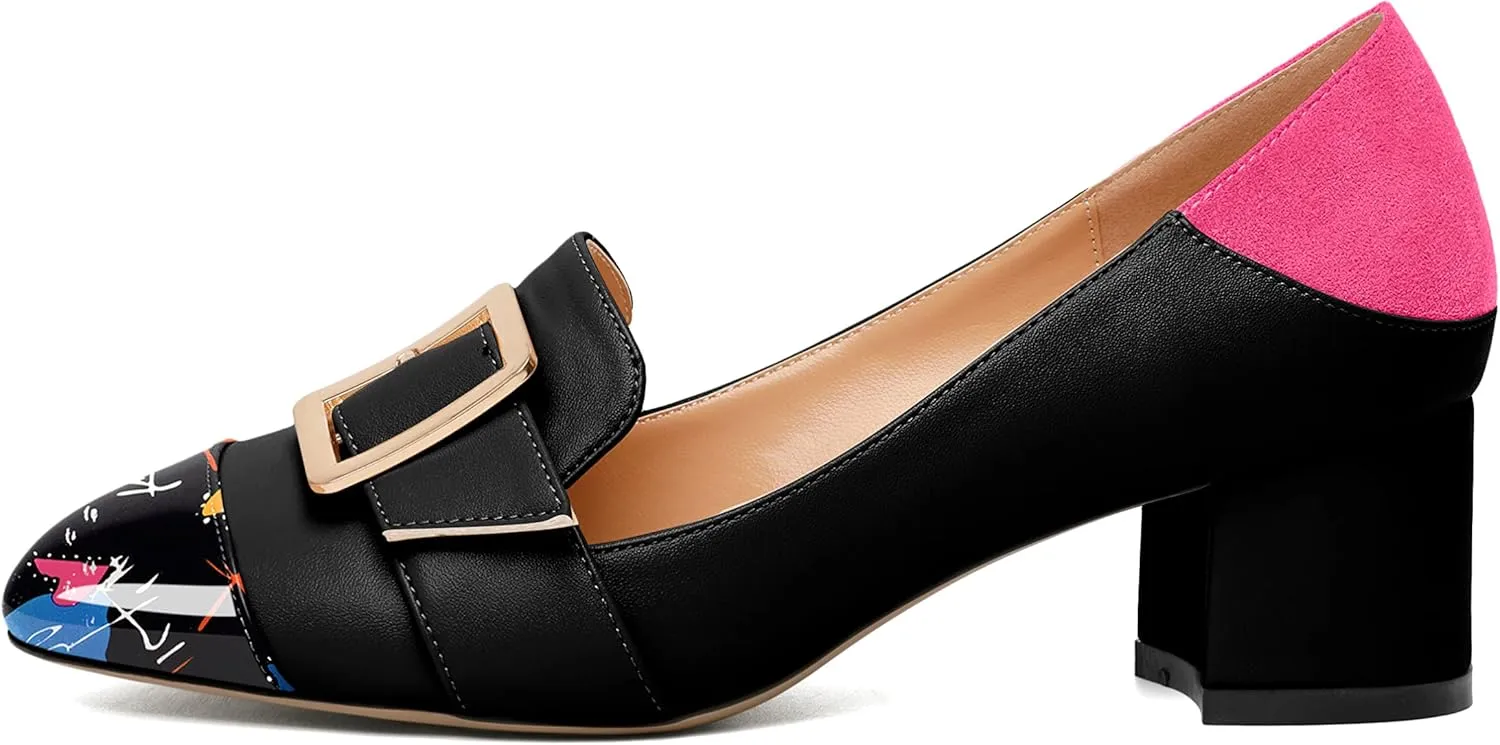 Zamikoo Block Heels for Women, Round Cap Toe Slip On Low Heel Pumps with Buckle Strap, Chunky Low Heels Loafers Pumps Dress Shoes for Wedding Party Office 2 Inches