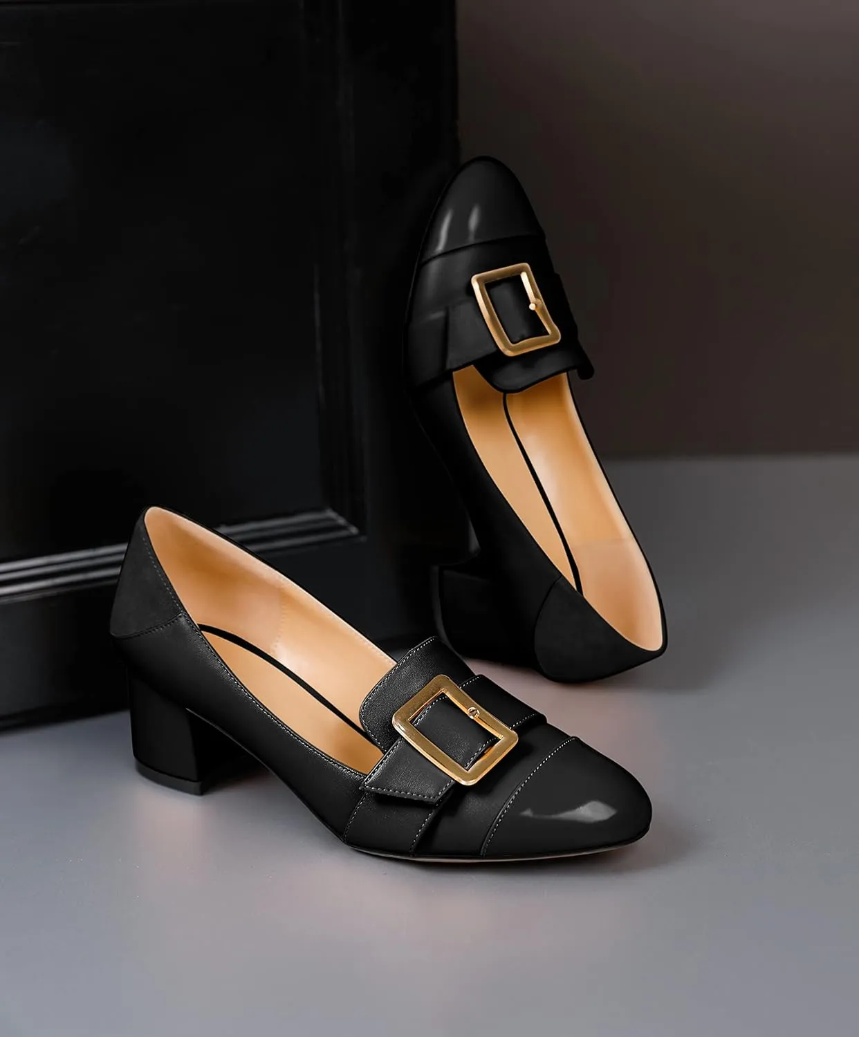 Zamikoo Block Heels for Women, Round Cap Toe Slip On Low Heel Pumps with Buckle Strap, Chunky Low Heels Loafers Pumps Dress Shoes for Wedding Party Office 2 Inches