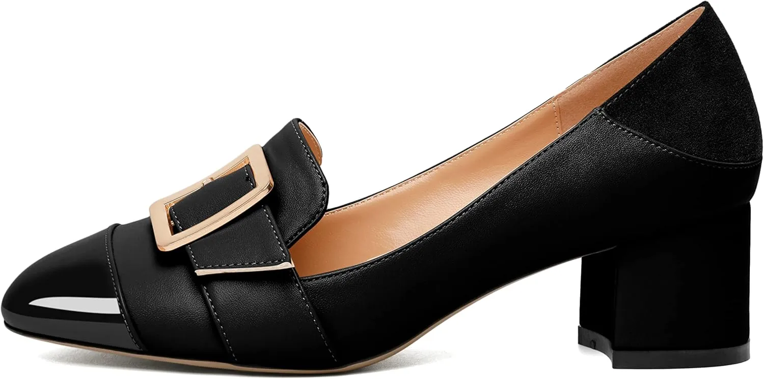 Zamikoo Block Heels for Women, Round Cap Toe Slip On Low Heel Pumps with Buckle Strap, Chunky Low Heels Loafers Pumps Dress Shoes for Wedding Party Office 2 Inches