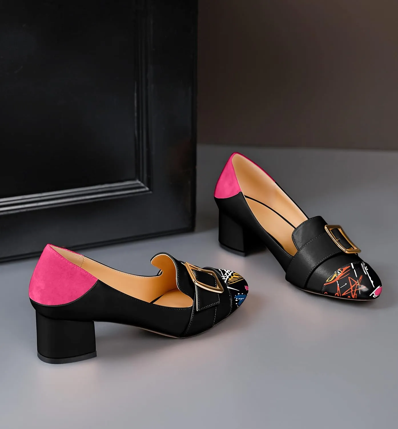 Zamikoo Block Heels for Women, Round Cap Toe Slip On Low Heel Pumps with Buckle Strap, Chunky Low Heels Loafers Pumps Dress Shoes for Wedding Party Office 2 Inches