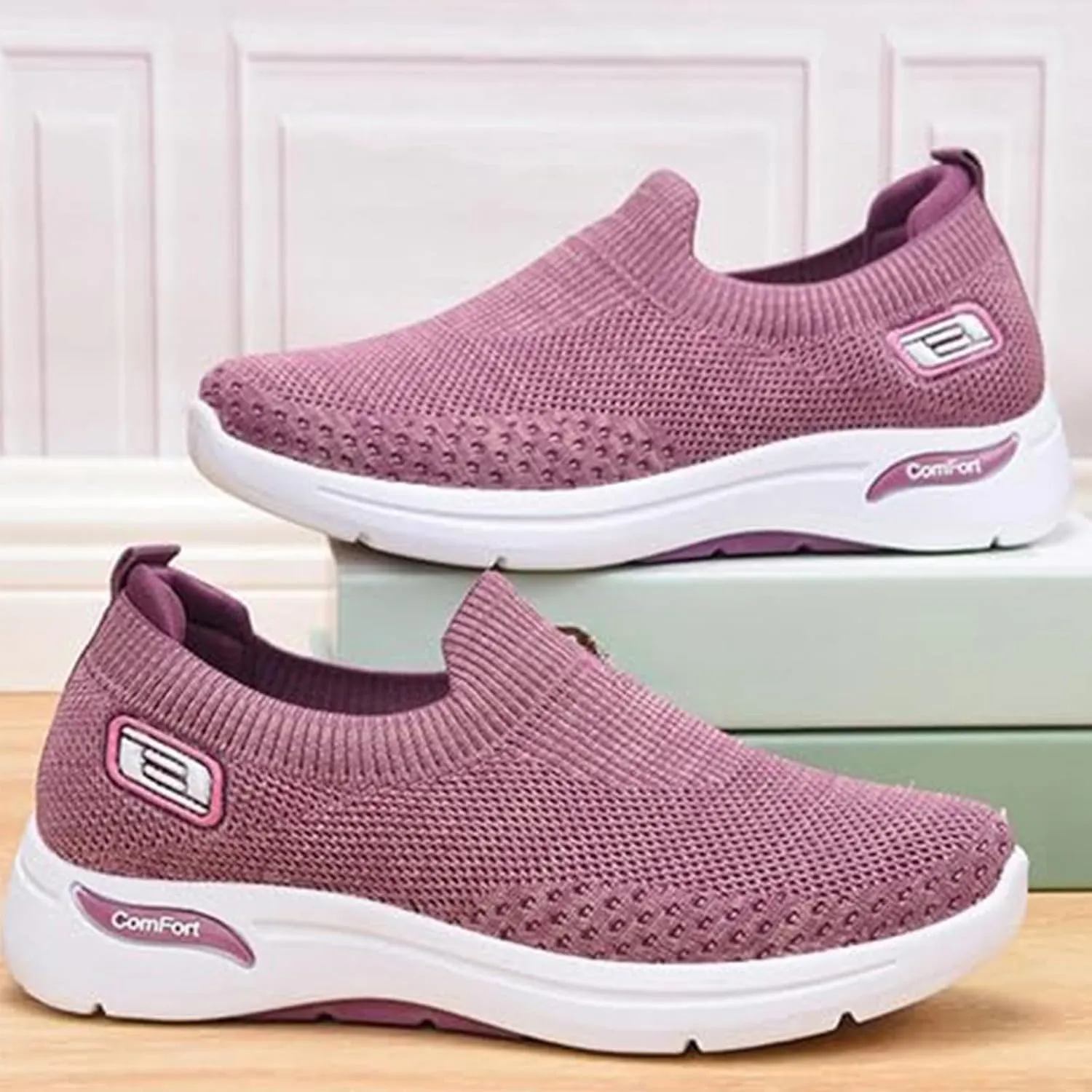 ZWRXW Womens Walking Shoes Orthopedic Slip On Air Cushion Platform Shoes Mesh Up Woven Sock Casual Ladies Fashion Sneakers Lightweight Comfortable Arch Support Sneaker with Arch Support