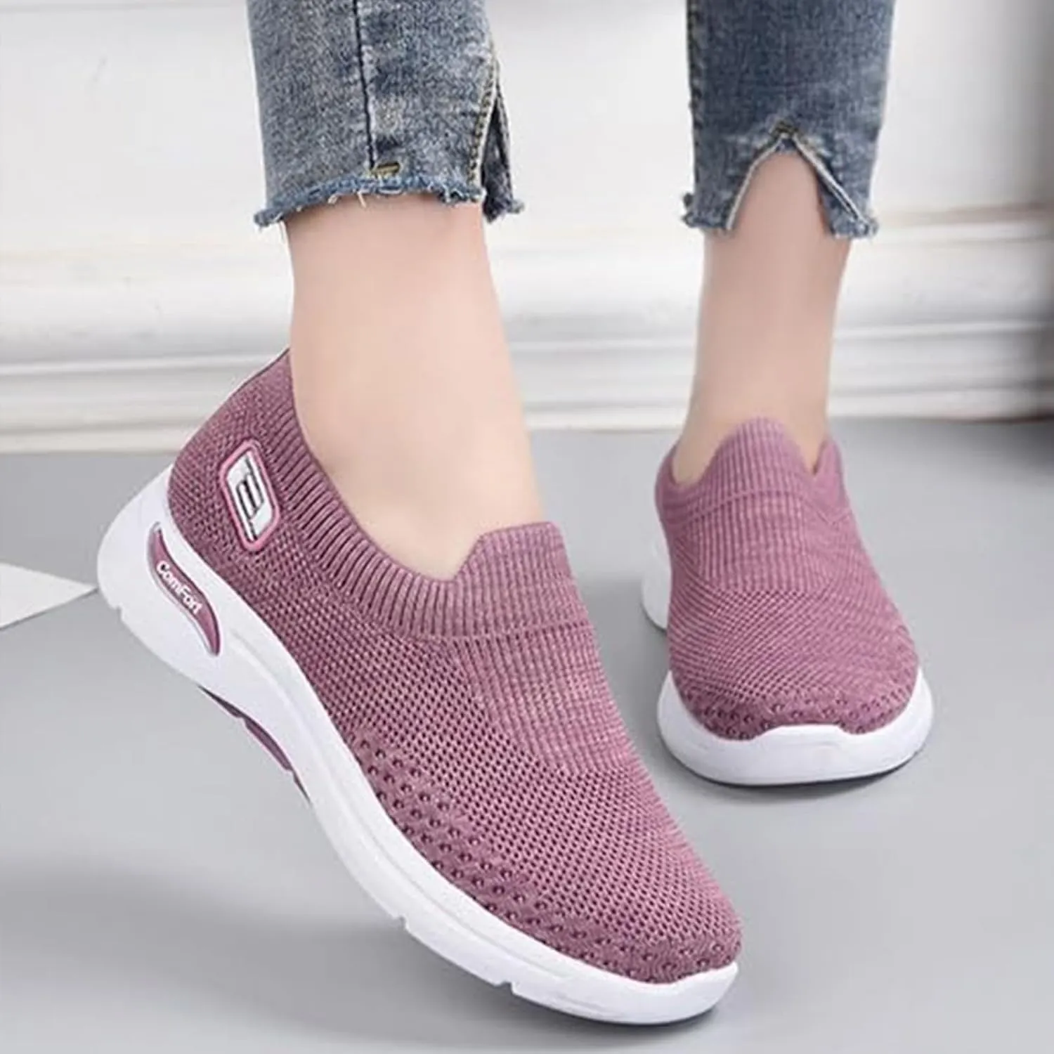 ZWRXW Womens Walking Shoes Orthopedic Slip On Air Cushion Platform Shoes Mesh Up Woven Sock Casual Ladies Fashion Sneakers Lightweight Comfortable Arch Support Sneaker with Arch Support